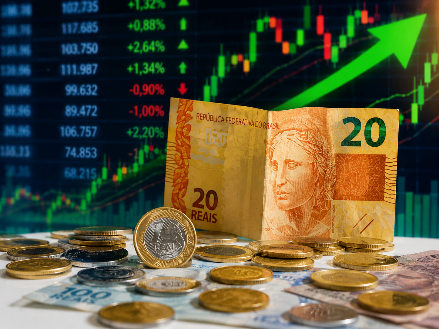 Imagem ilustrativa sobre Ibovespa, bolsa brasileira, moedas e gráfico financeiro