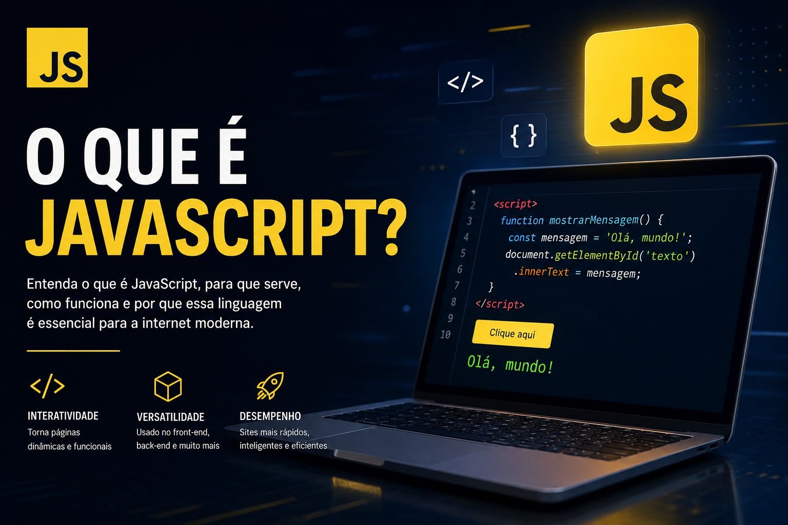 Imagem ilustrativa explicando o que é JavaScript, com código na tela e elementos visuais de programação
